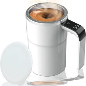 Self-stirring Coffee Mug Magnetic Stirring Cup Drink Stirrer Rechargeable Automatic Mixing Cup w/LCD Thermometer for Coffee Tea Hot Chocolate (White, 13 oz)