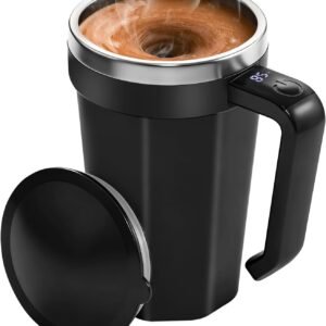 Self Stirring Coffee Mug with Temperature Display, 18 oz Rechargeable Self Stirring Mug with Lid, Automatic Self Stirring Cup, Coffee Mug with Stainless Steel for Coffee, Milk, Beverages, Black