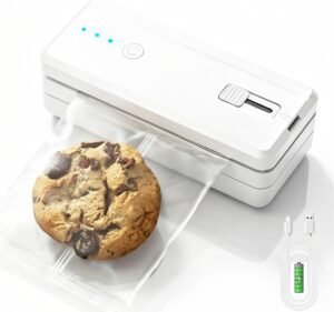 Mini Bag Sealer with Cutter, 2 in 1 Portable Heat Sealer, 1300mAh Rechargeable Handheld Chip Bag Resealer Machine for Plastic Bags Snack Cookies Pet Food  Bag Storage (White)