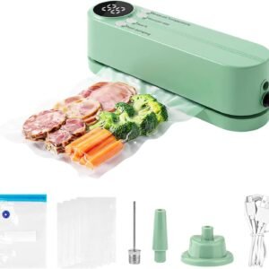 Mini Vacuum Sealer, 3 in 1 Cordless Handheld Vacuum Sealer for Dry/Moist Food Storage with 4 Snack Bags, Heat Sealer for Chip Bags, Inflation Pump for Balls/Swim Ring with 1 Needle/1 Nozzle (Green)
