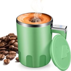 Self Stirring Coffee Mug: Rechargeable Auto Magnetic Stirring Mixing Mug with Temperature Display,13oz Stainless Steel Travel Coffee Cup for Office, Home,Kitchen,Best Gift (Green)