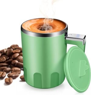 Self Stirring Coffee Mug: Rechargeable Auto Magnetic Stirring Mixing Mug with Temperature Display,13oz Stainless Steel Travel Coffee Cup for Office, Home,Kitchen,Best Gift (Green)