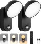 Motion Sensor Outdoor Light with Remote, 700LM Security Lights Outdoor Battery Powered, 10000mAh Rechargeable Wall Light, 3 Modes & 3-Level Brightness, IP65 Waterproof for Patio Porch, 2 Pack