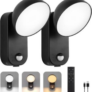 Motion Sensor Outdoor Light with Remote, 700LM Security Lights Outdoor Battery Powered, 10000mAh Rechargeable Wall Light, 3 Modes & 3-Level Brightness, IP65 Waterproof for Patio Porch, 2 Pack