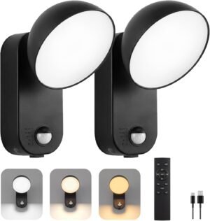 Motion Sensor Outdoor Light with Remote, 700LM Security Lights Outdoor Battery Powered, 10000mAh Rechargeable Wall Light, 3 Modes & 3-Level Brightness, IP65 Waterproof for Patio Porch, 2 Pack