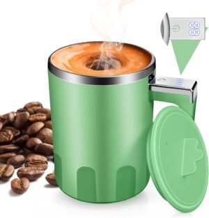 Self Stirring Coffee Mug: Rechargeable Auto Magnetic Stirring Mixing Mug with Temperature Display,13oz Stainless Steel Travel Coffee Cup for Office, Home,Kitchen,Best Gift (Green)