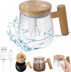 Self Stirring Mug,14oz Electric Self Stirring Coffee Mug with Lid, Automatic Mixing Cup with Detachable Stirring Rod for Coffee, Milk,Kale,Matcha, Transparent