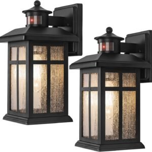 Motion Sensor Outdoor Wall Lights 2 Packs- Updated Dusk to Dawn Outdoor Lighting, Exterior Light Fixtures with E26 Sockets & Tempered Glass, Wall Mounted Black Waterproof Outdoor Lights for House