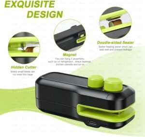 Mini Bag Sealer,  2 in 1 Rechargeable Heat Sealer and Cutter with Magnet, Portable Chip Bag Sealer for Plastic Bags Food Storage Snacks Freshness (Black)